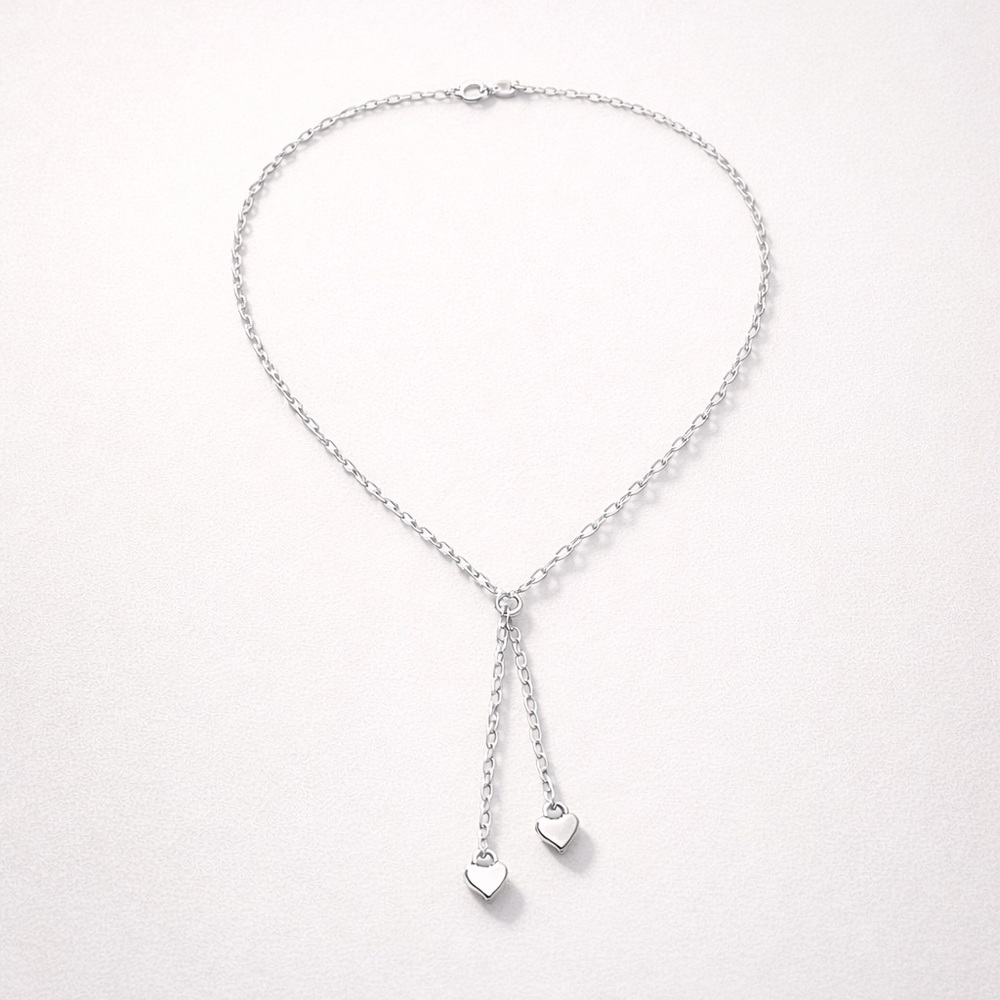 925 Sterling Silver Heart Lariat Necklace – Dainty Drop Chain | NWOT